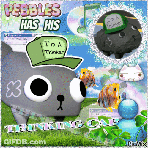 A Picture Of Pebbles Has His Thinking Cap Written On The Bottom GIF