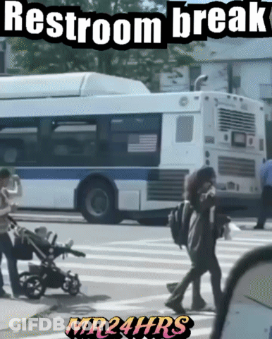A Picture Of People Crossing A Street With The Caption Restroom Break GIF