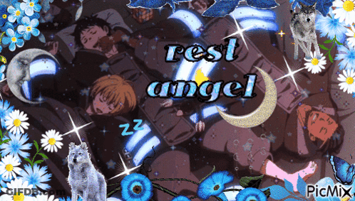 A Picture Of People Sleeping With The Words Rest Angel On The Bottom GIF