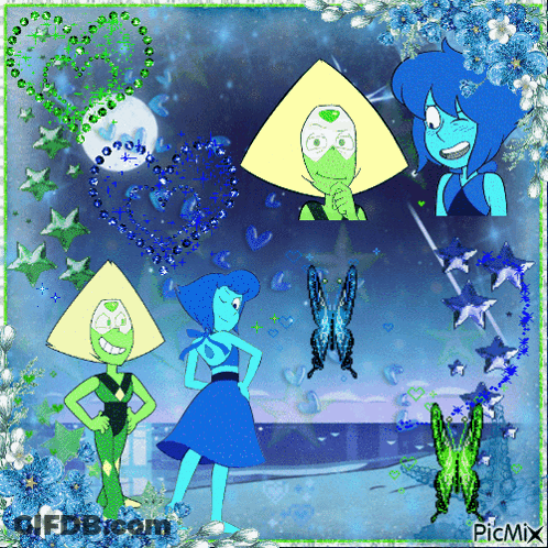 A Picture Of Peridot And Lapis From Steven Universe Surrounded By Butterflies And Flowers GIF