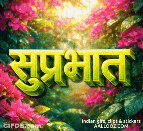 A Picture Of Pink Flowers With The Words " Suprabhat " In Yellow GIF