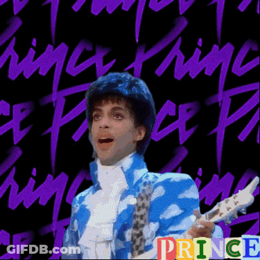 A Picture Of Prince Holding A Guitar In Front Of Purple Writing GIF