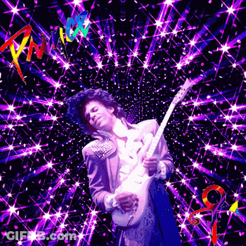 A Picture Of Prince Playing A Guitar With The Word Prince On The Bottom Right GIF