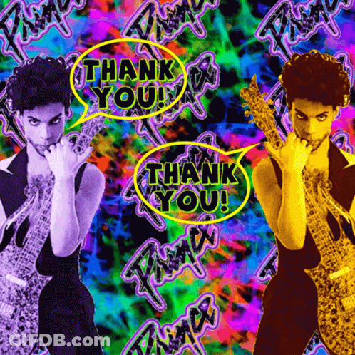 A Picture Of Prince With A Thank You Speech Bubble Above Him GIF