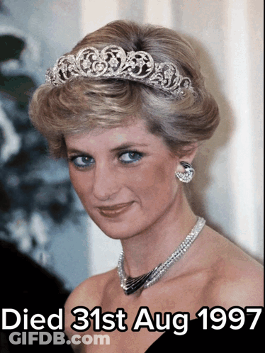 A Picture Of Princess Diana Wearing A Tiara And A Necklace With The Date Died 31St Aug 1997 GIF