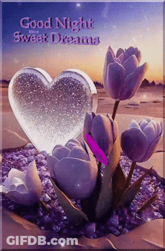 A Picture Of Purple Flowers And A Heart With The Words Good Night Sweet Dreams GIF