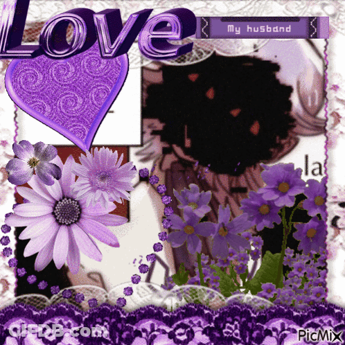 A Picture Of Purple Flowers With The Word Love On Top GIF