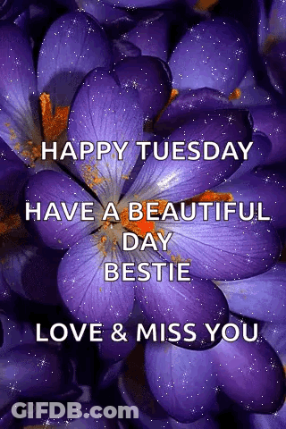 A Picture Of Purple Flowers With The Words `` Happy Tuesday Have A Beautiful Day Bestie Love & Miss You '' GIF