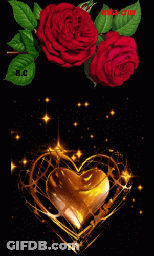 A Picture Of Red Roses And A Gold Heart With The Letters A.c. On The Bottom GIF
