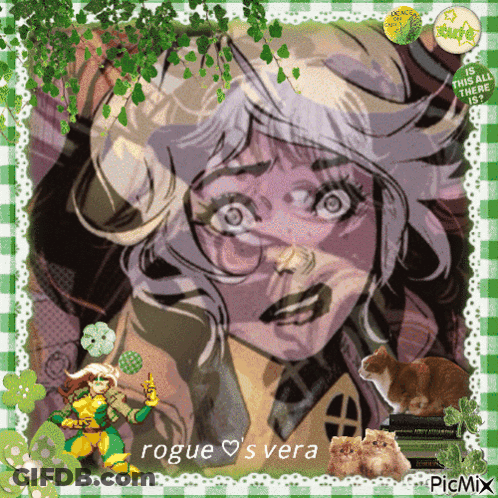 A Picture Of Rogue 'S Vera Surrounded By Cats And Leaves GIF