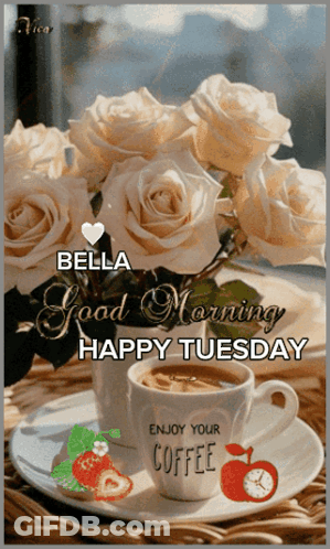 A Picture Of Roses And A Cup Of Coffee With The Words Bella Good Morning Happy Tuesday GIF