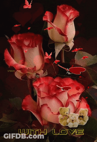 A Picture Of Roses And Teddy Bears With The Words " With Love " In Yellow GIF