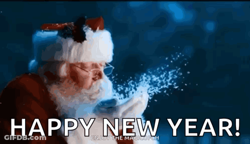 A Picture Of Santa Blowing Snow With The Words Happy New Year In The Background GIF