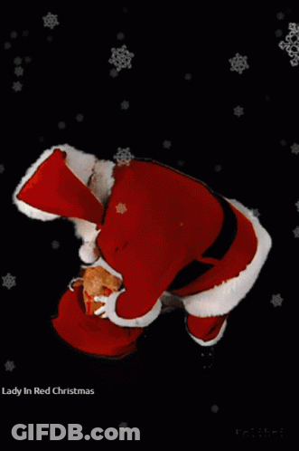 A Picture Of Santa Claus Holding A Gift With Lady In Red Christmas Written Below It GIF