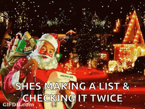 A Picture Of Santa Claus Holding A List That Says Shes Making A List & Checking It Twice GIF