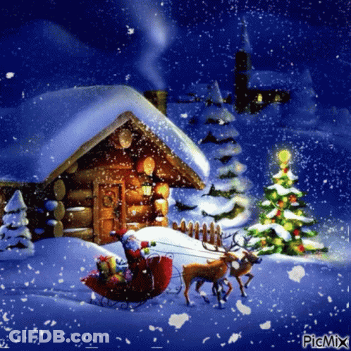 A Picture Of Santa In A Sleigh Pulled By Reindeer With A Christmas Tree In The Background GIF