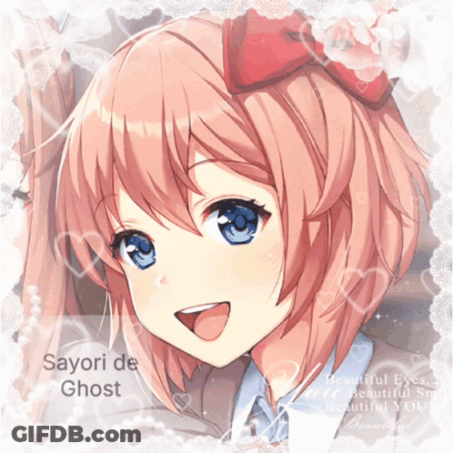 A Picture Of Sayori De Ghost With A Bow On Her Head GIF