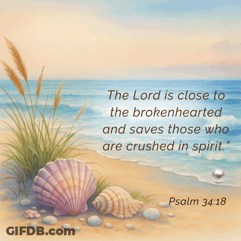 A Picture Of Seashells On The Beach With A Quote From Psalm 34:18 GIF