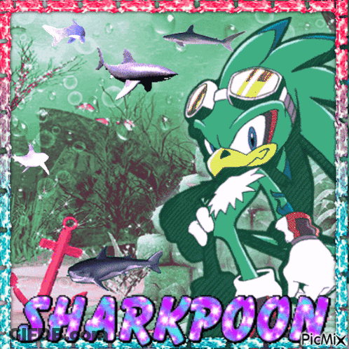 A Picture Of Sharkpoon From Sonic The Hedgehog With Sharks In The Background GIF