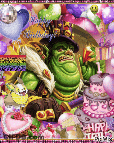 A Picture Of Shrek Holding A Gift With The Words Happy Birthday On The Bottom GIF