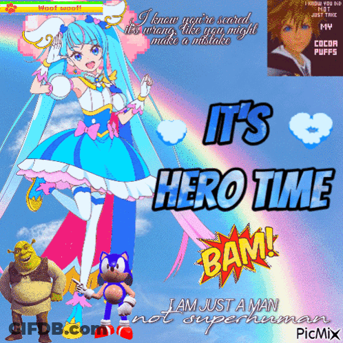 A Picture Of Shrek Sonic And Hatsune Miku With The Words It 'S Hero Time Bam GIF