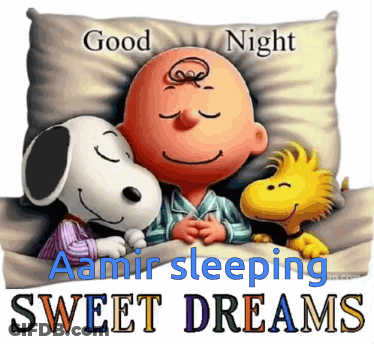 A Picture Of Snoopy And Charlie Brown Sleeping With The Words " Good Night Amir Sleeping Sweet Dreams " GIF