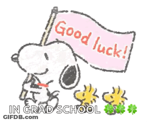 A Picture Of Snoopy And Woodstock Holding A Flag That Says Good Luck GIF