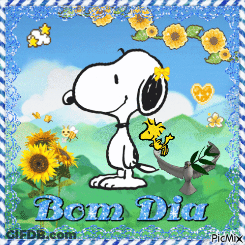 A Picture Of Snoopy And Woodstock With The Words Bom Dia GIF