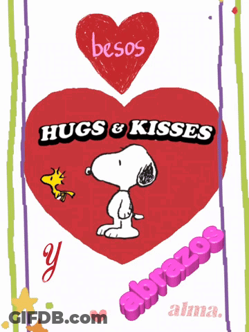 A Picture Of Snoopy And Woodstock With The Words Hugs & Kisses On It GIF