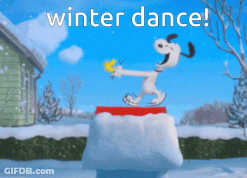 A Picture Of Snoopy Dancing In The Snow With The Words Winter Dance Below Him GIF