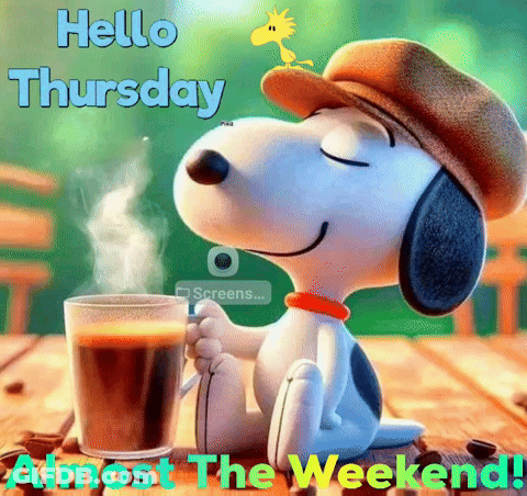 A Picture Of Snoopy Holding A Cup Of Coffee GIF
