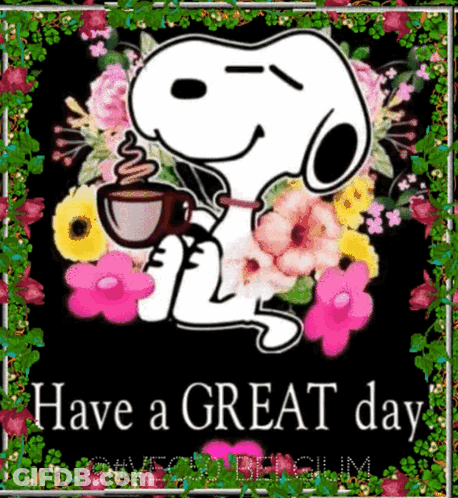 A Picture Of Snoopy Holding A Cup Of Coffee Surrounded By Flowers GIF