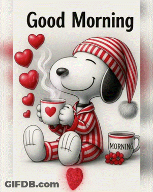 A Picture Of Snoopy Holding A Cup Of Coffee With Hearts Around Him GIF