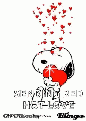 A Picture Of Snoopy Holding A Red Heart With Hearts Coming Out Of It . GIF