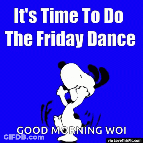 A Picture Of Snoopy On A Purple Background Says It 'S Time To Do The Friday Dance GIF