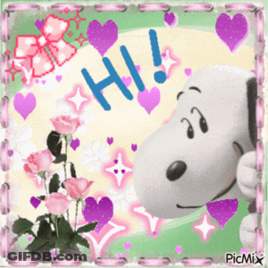 A Picture Of Snoopy Saying Hi With Hearts And Flowers GIF