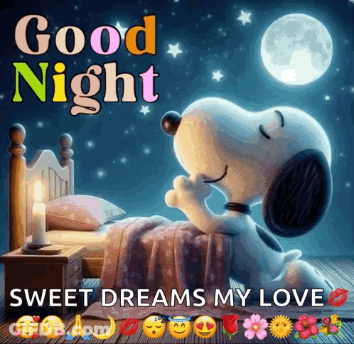 A Picture Of Snoopy Sleeping On A Bed With The Words Good Night Sweet Dreams My Love On It GIF
