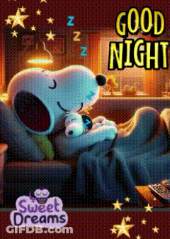 A Picture Of Snoopy Sleeping On A Couch With The Words " Good Night Sweet Dreams " GIF