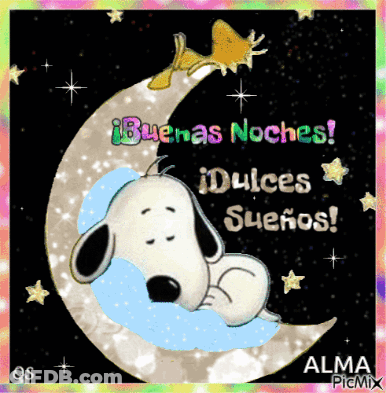 A Picture Of Snoopy Sleeping On A Crescent Moon With The Words Buenas Noches Dulces Suenos GIF