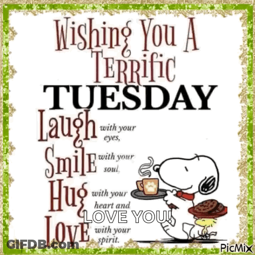 A Picture Of Snoopy Wishing You A Terrific Tuesday With A Cup Of Coffee And Cookies GIF