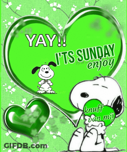 A Picture Of Snoopy With A Green Heart That Says Yay It 'S Sunday Enjoy Knuff Van Mij GIF
