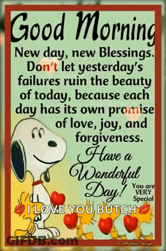 A Picture Of Snoopy With Hearts And A Quote That Says Good Morning New Day , New Blessings . GIF
