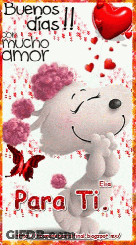 A Picture Of Snoopy With The Words Buenos Dias Con Mucho Amor Written On It GIF
