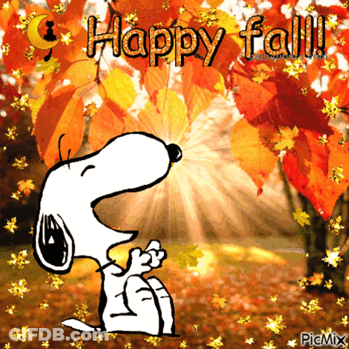 A Picture Of Snoopy With The Words Happy Fall Written On It GIF