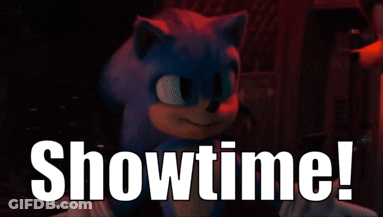 A Picture Of Sonic The Hedgehog With The Words Showtime Behind Him GIF