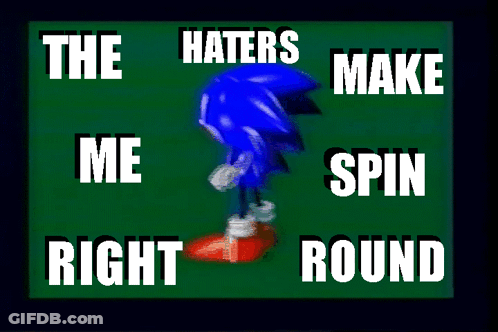 A Picture Of Sonic The Hedgehog With The Words " The Haters Make Me Spin Right Round " GIF