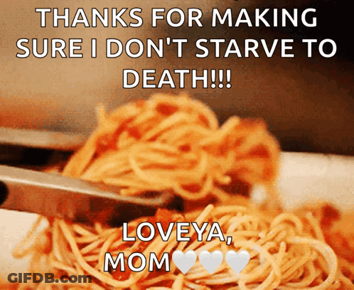 A Picture Of Spaghetti With A Caption That Says Thanks For Making Sure I Don 'T Starve To Death GIF