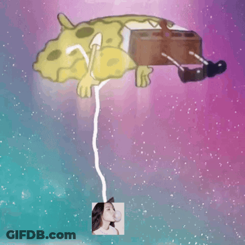 A Picture Of Spongebob And A Picture Of A Girl Blowing A Bubble GIF
