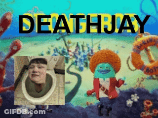 A Picture Of Spongebob And A Picture Of A Man In A Toilet With The Words Deathjay GIF