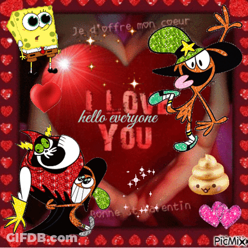 A Picture Of Spongebob And Other Cartoon Characters With The Words " I Love Everyone You " GIF